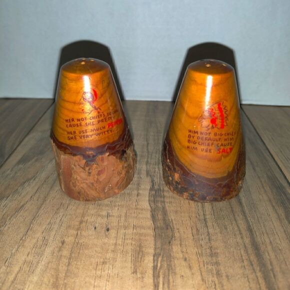 Vintage Wood Salt And Pepper Shakers Set With Native American Sayings - Picture 2 of 6
